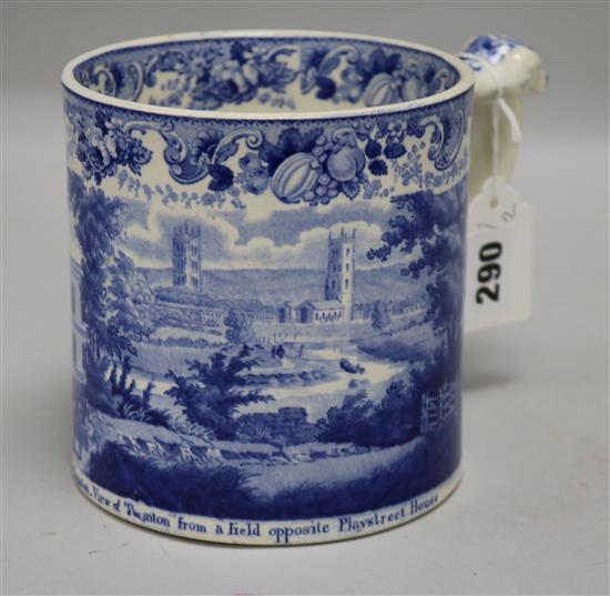 A 19th century blue and white mug depicting the Tower of St Mary Magdalene, Taunton